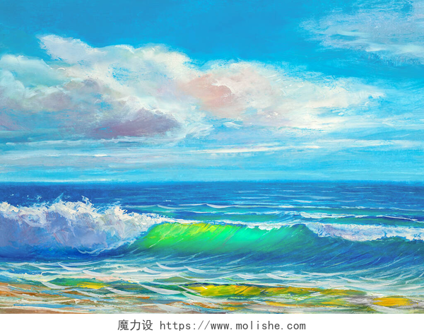 蓝天下的海滩水彩画早上在海上，波浪上，插图上，油画画在帆布上.